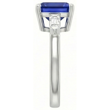 3 Stone Baguette Natural Earth Mined Diamond Ring Asscher Ceylon Blue Sapphire 4 Carats