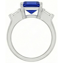 3 Stone Baguette Natural Earth Mined Diamond Ring Asscher Ceylon Blue Sapphire 4 Carats