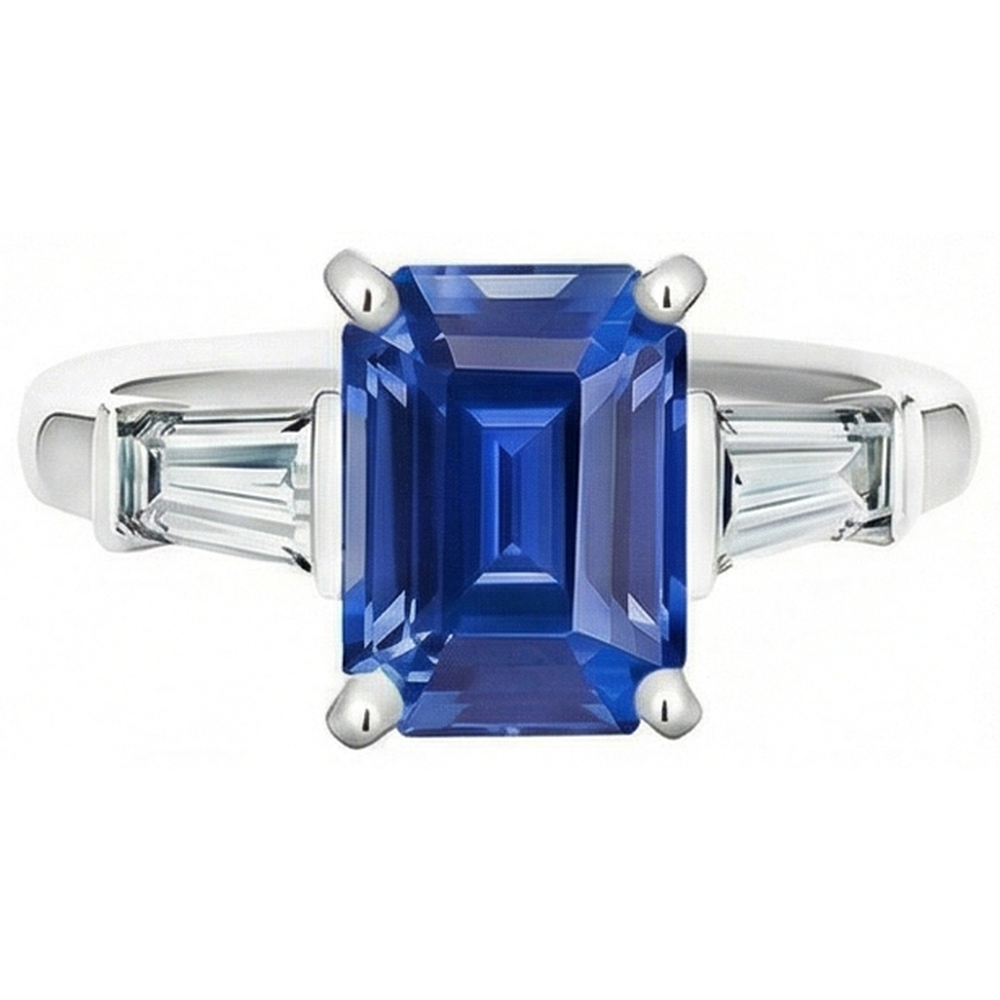 3 Stone Baguette Natural Earth Mined Diamond Sapphire Ring