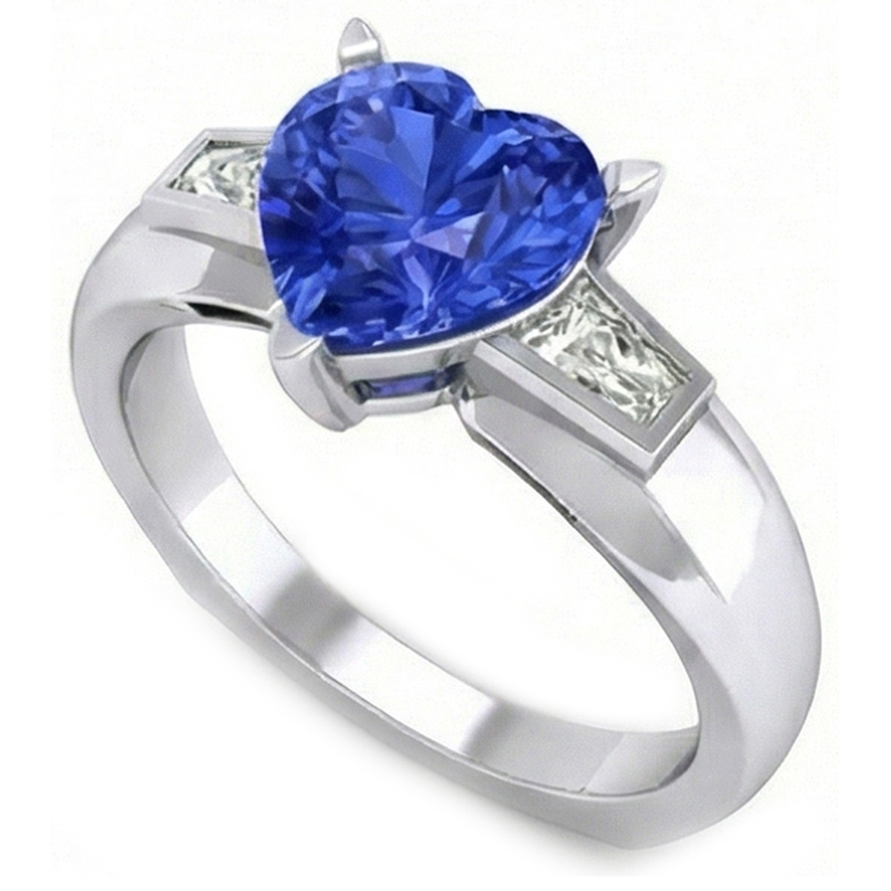 3 Stone Baguette Natural Earth Mined Diamond & Blue Sapphire Heart Shaped Ring 2.75 Carats
