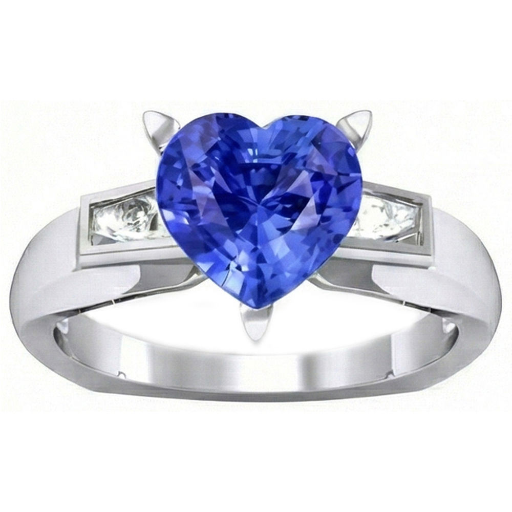 3 Stone Baguette Natural Earth Mined Diamond & Blue Sapphire Heart Shaped Ring 2.75 Carats