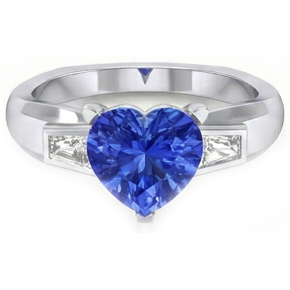 3 Stone Baguette Natural Earth Mined Diamond & Blue Sapphire Heart Shaped Ring 2.75 Carats