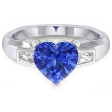 3 Stone Baguette Natural Earth Mined Diamond & Blue Sapphire Heart Shaped Ring 2.75 Carats