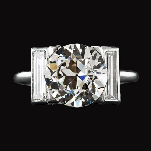 3 Stone Baguette & Round Old Miner Real Diamond Ring 4.30 Carats 14K Gold
