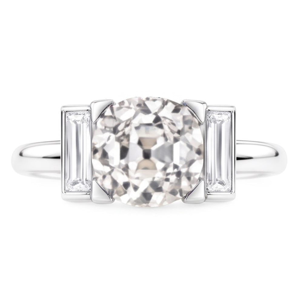 3 Stone Baguette & Round Old Miner Real Natural Earth Mined Diamond Ring 4.30 Carats 14K Gold