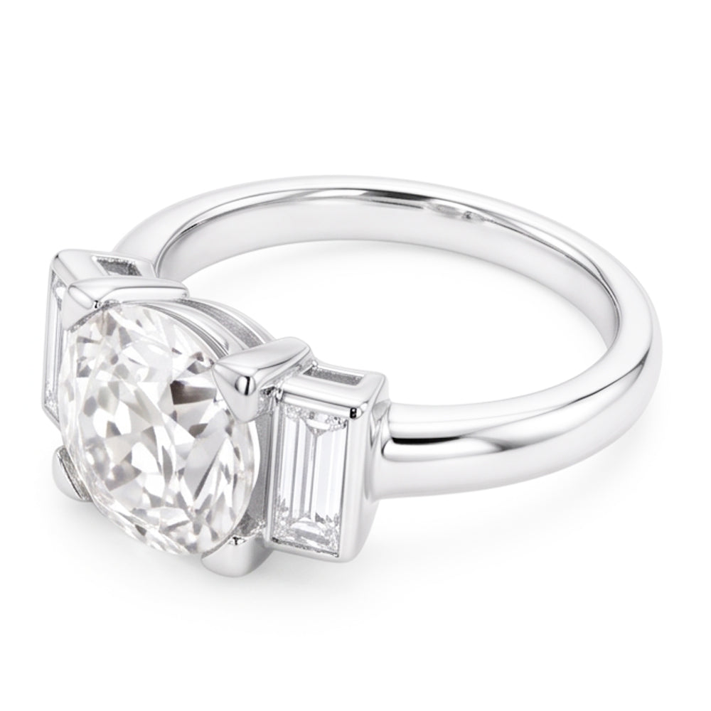 3 Stone Baguette & Round Old Miner Real Natural Earth Mined Diamond Ring 4.30 Carats 14K Gold