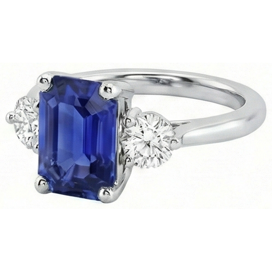 3 Stone Blue Sapphire Emerald Ring & Natural Earth Mined Diamonds 3 Carats
