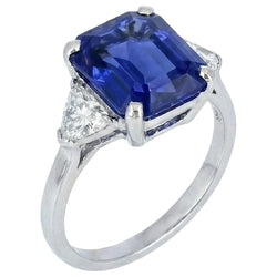 3 Stone Blue Sapphire Ring Emerald & Trapezoid Natural Earth Mined Diamonds 3.50 Carats