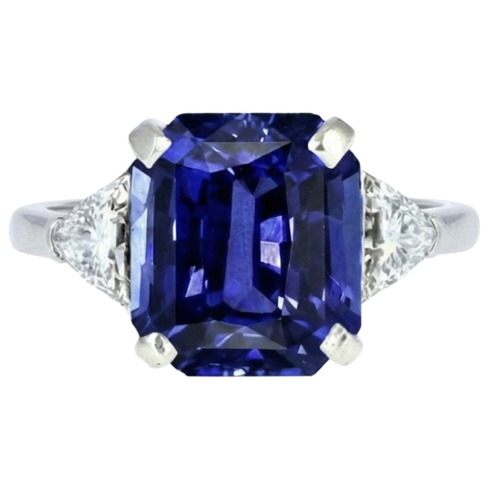 3 Stone Blue Sapphire Ring Emerald & Trapezoid Natural Earth Mined Diamonds 3.50 Carats
