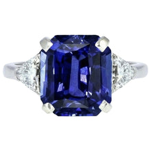 3 Stone Blue Sapphire Ring Emerald & Trapezoid Natural Earth Mined Diamonds 3.50 Carats