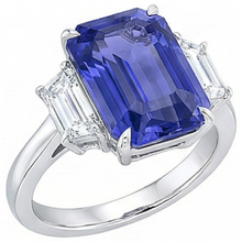 3 Stone Blue Sapphire Ring Emerald & Trapezoid Natural Earth Mined Diamonds 3.50 Carats