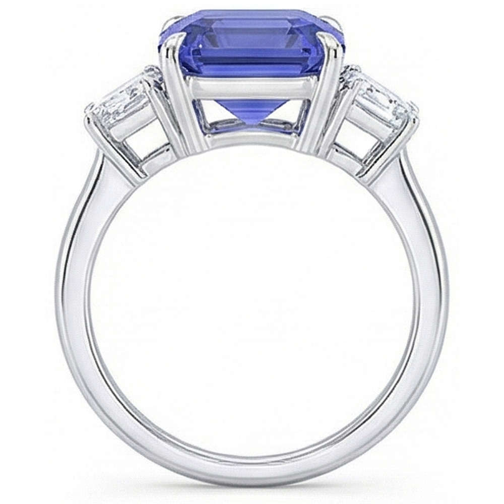 3 Stone Blue Sapphire Ring Emerald & Trapezoid Natural Earth Mined Diamonds 3.50 Carats