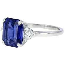 3 Stone Blue Sapphire Ring Emerald & Trapezoid Natural Earth Mined Diamonds 3.50 Carats