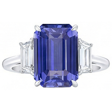 3 Stone Blue Sapphire Ring Emerald & Trapezoid Natural Earth Mined Diamonds 3.50 Carats