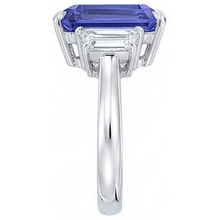 3 Stone Blue Sapphire Ring Emerald & Trapezoid Natural Earth Mined Diamonds 3.50 Carats