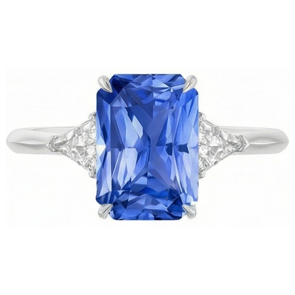 3 Stone Blue Sapphire Ring Small Trillion Natural Earth Mined Diamonds Jewellery 2.75 Carats