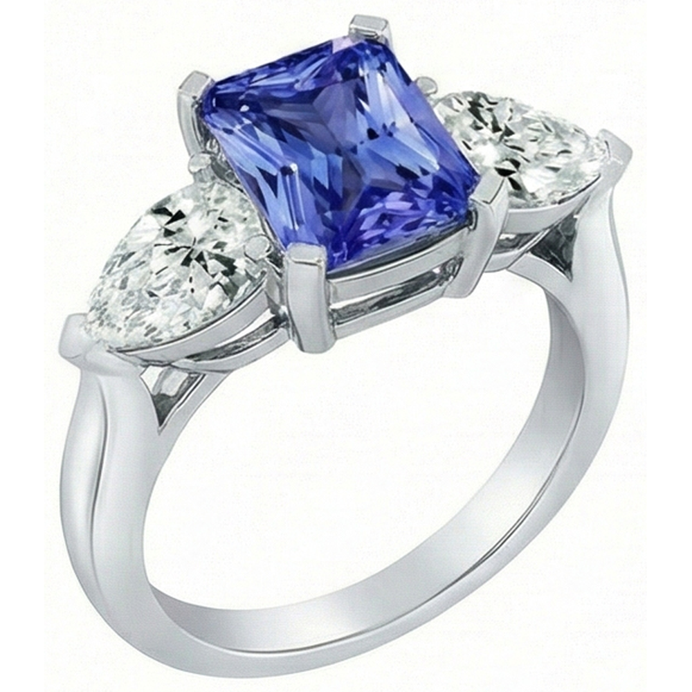 3 Stone Cathedral Setting Pear Natural Earth Mined Diamond Sapphire Ring White Gold