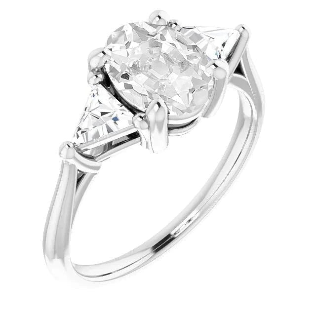3 Stone Cathedral Setting Trillion & Oval Old Miner Real Diamond Ring
