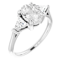 3 Stone Cathedral Setting Trillion & Oval Old Miner Real Diamond Ring