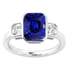 3 Stone Cushion Bezel Set Blue Sapphire & Natural Earth Mined Diamond Ring 3.50 Carats
