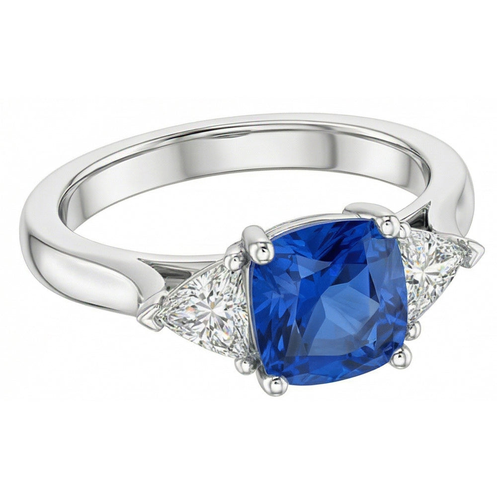 3 Stone Cushion Light Blue Sapphire Ring 1.50 Carats Trillion Natural Earth Mined Diamonds