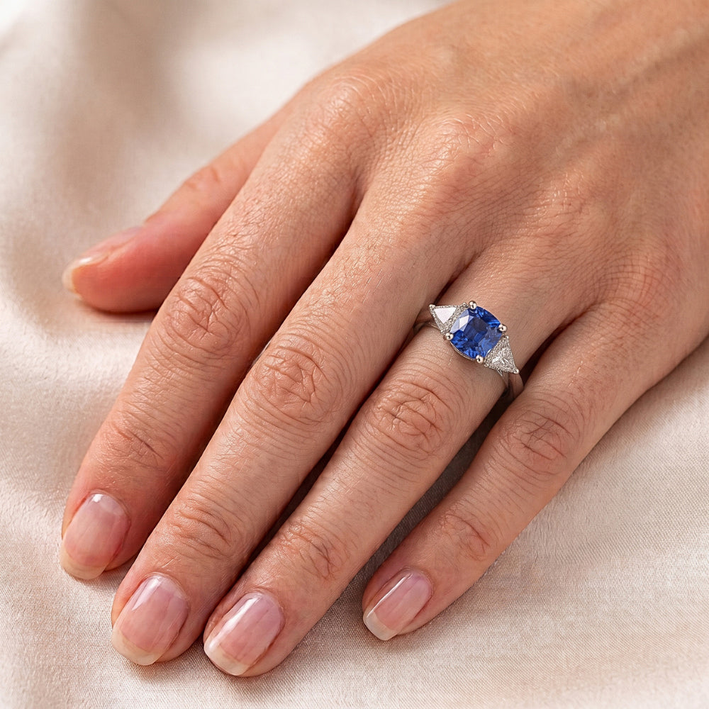 3 Stone Cushion Light Blue Sapphire Ring 1.50 Carats Trillion Natural Earth Mined Diamonds