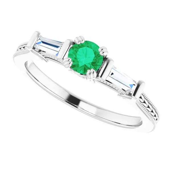 3 Stone Diamond & Green Emerald Ring Antique Style 2 Carats Double Claw Set Jewelry