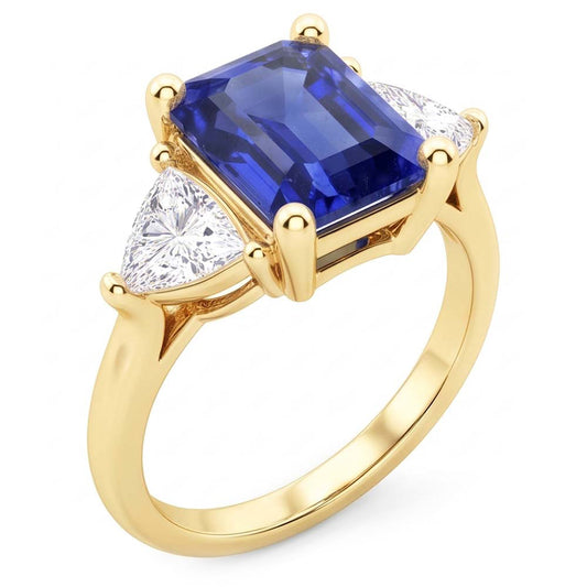 3 Stone Emerald Blue Sapphire Ring With Trillion Natural Earth Mined Diamonds 2.50 Carats