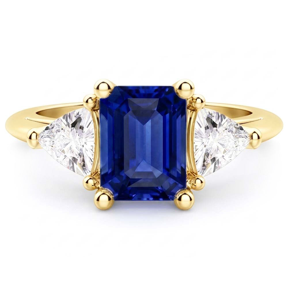 3 Stone Emerald Blue Sapphire Ring With Trillion Natural Earth Mined Diamonds 2.50 Carats
