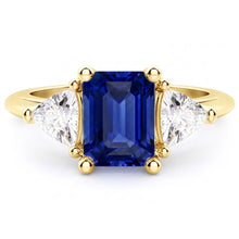 3 Stone Emerald Blue Sapphire Ring With Trillion Natural Earth Mined Diamonds 2.50 Carats