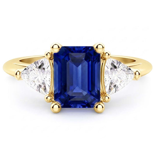 3 Stone Emerald Blue Sapphire Ring With Trillion Natural Earth Mined Diamonds 2.50 Carats