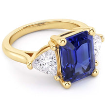 3 Stone Emerald Blue Sapphire Ring With Trillion Natural Earth Mined Diamonds 2.50 Carats