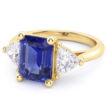 3 Stone Emerald Blue Sapphire Ring With Trillion Natural Earth Mined Diamonds 2.50 Carats