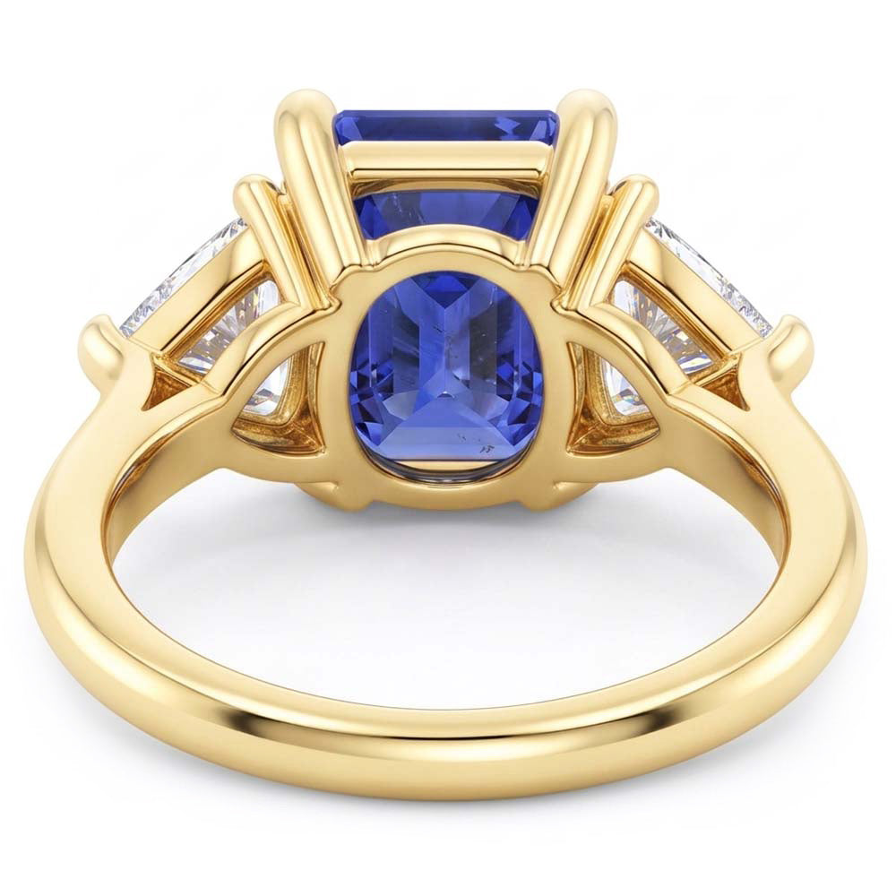 3 Stone Emerald Blue Sapphire Ring With Trillion Natural Earth Mined Diamonds 2.50 Carats