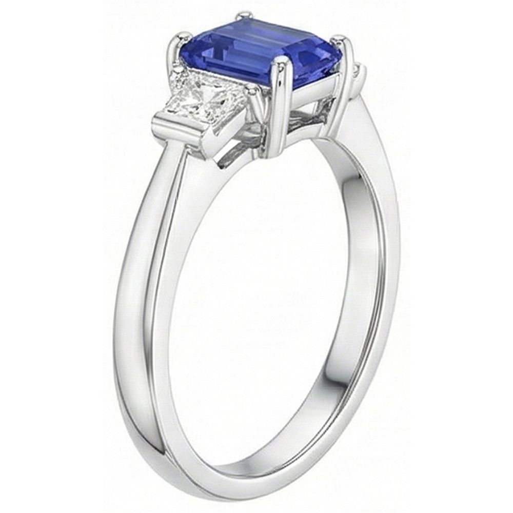 3 Stone Emerald Blue Sapphire Ring & Trapezoid Natural Earth Mined Diamonds 1.50 Carats