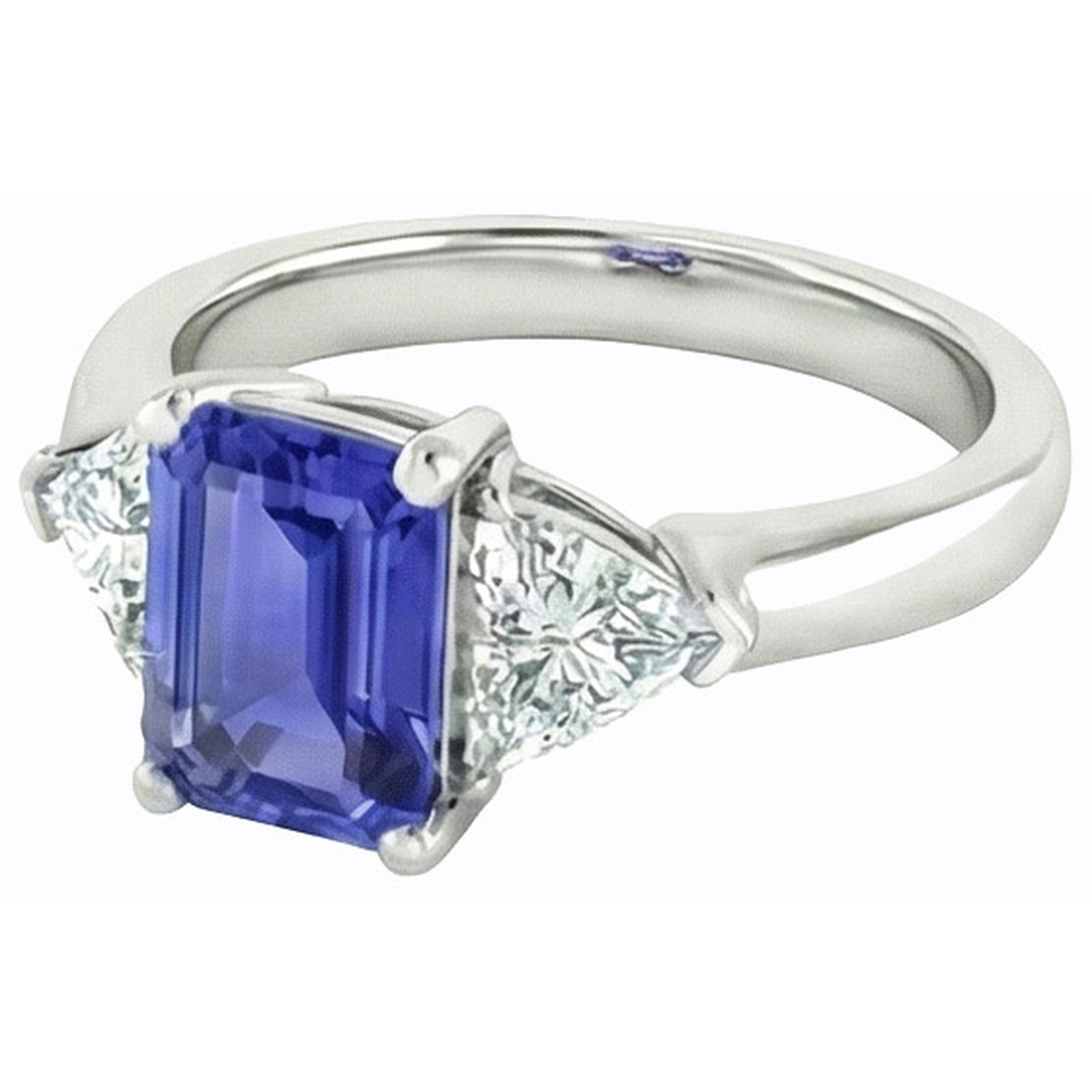 3 Stone Emerald Blue Sapphire Ring & Trillion Pair Natural Earth Mined Diamonds 2 Carats
