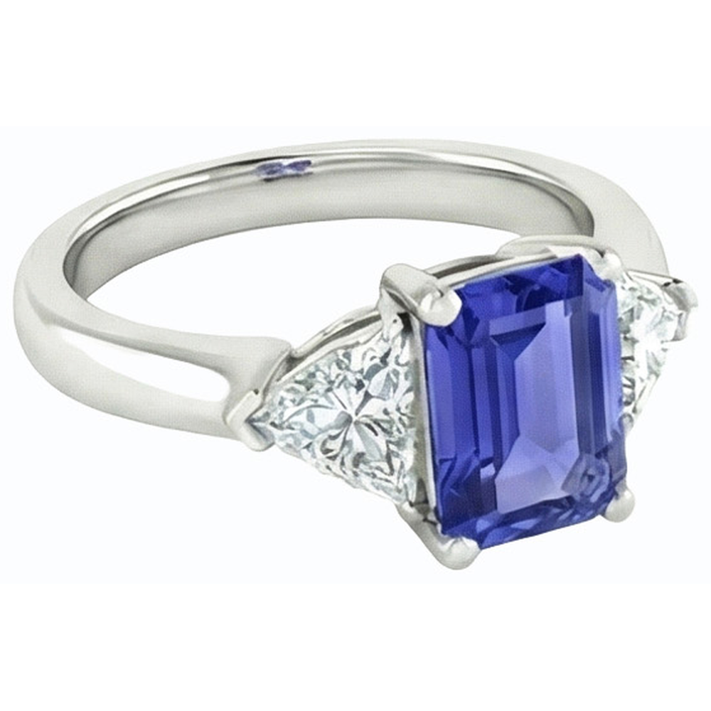 3 Stone Emerald Blue Sapphire Ring & Trillion Pair Natural Earth Mined Diamonds 2 Carats