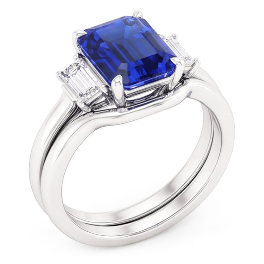 3 Stone Emerald Blue Sapphire & Baguette Natural Earth Mined Diamond Ring Set 1.75 Carats