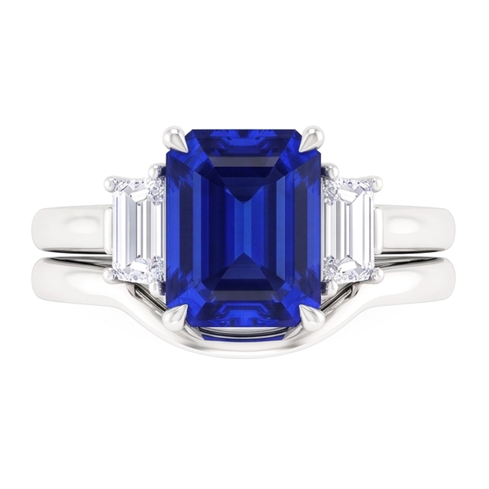 3 Stone Emerald Blue Sapphire & Baguette Natural Earth Mined Diamond Ring Set 1.75 Carats
