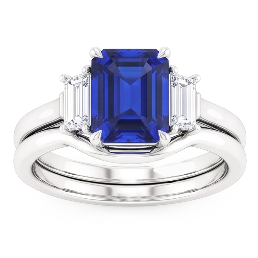 3 Stone Emerald Blue Sapphire & Baguette Natural Earth Mined Diamond Ring Set 1.75 Carats