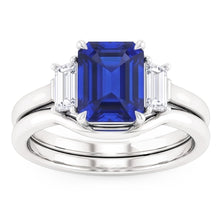 3 Stone Emerald Blue Sapphire & Baguette Natural Earth Mined Diamond Ring Set 1.75 Carats