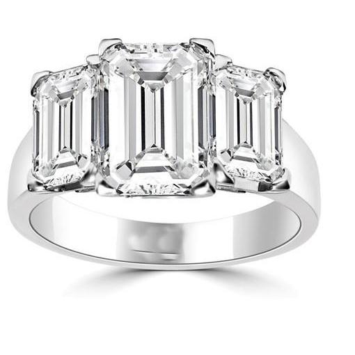 3 Stone Emerald Cut Real 4 Carats Diamonds Anniversary Ring White Gold 14K