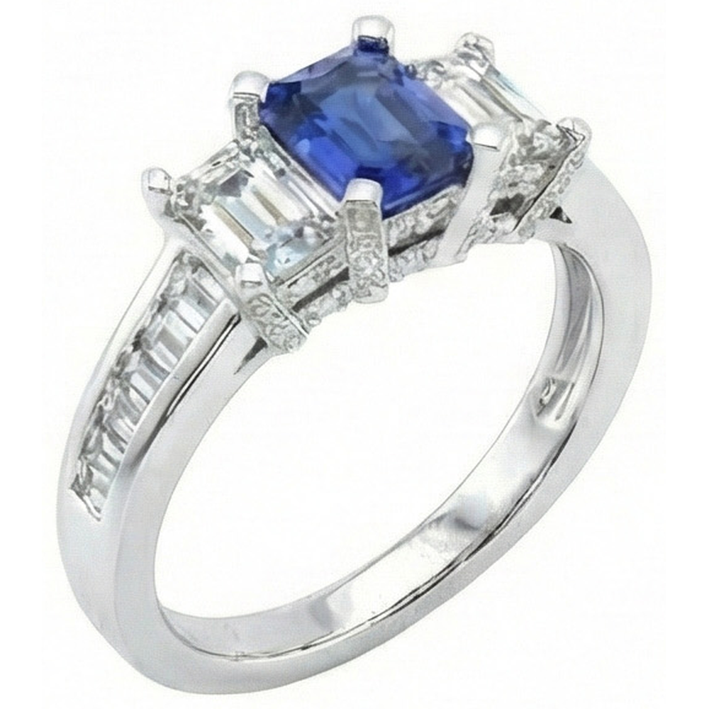 3 Stone Emerald Natural Earth Mined Diamond Blue Sapphire Ring Channel Set Accents 3 Carat
