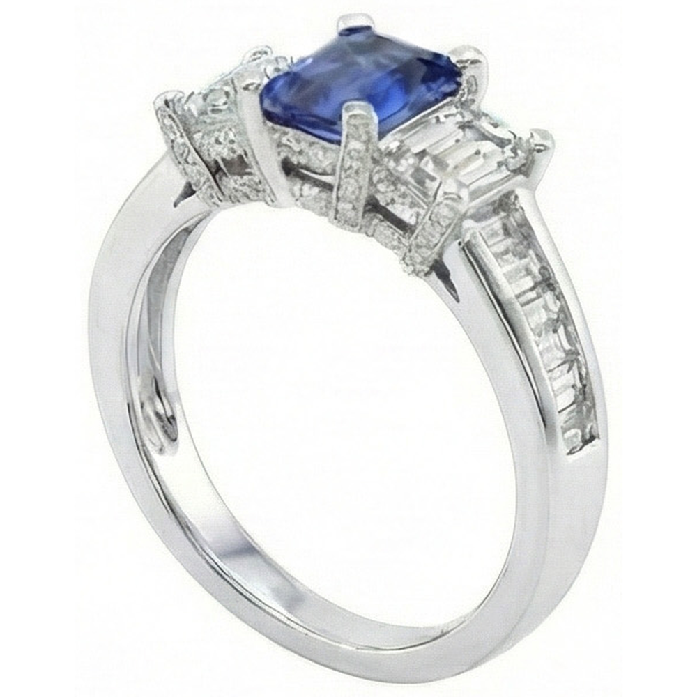 3 Stone Emerald Natural Earth Mined Diamond Blue Sapphire Ring Channel Set Accents 3 Carat