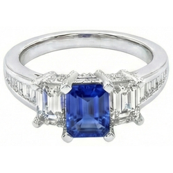 3 Stone Emerald Natural Earth Mined Diamond Blue Sapphire Ring Channel Set Accents 3 Carat