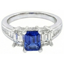 3 Stone Emerald Natural Earth Mined Diamond Blue Sapphire Ring Channel Set Accents 3 Carat
