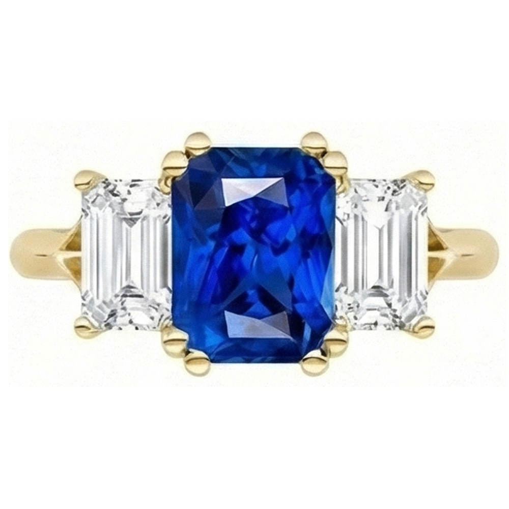 3 Stone Emerald Natural Earth Mined Diamond Sapphire Ring Split Shank Yellow Gold 2 Carats