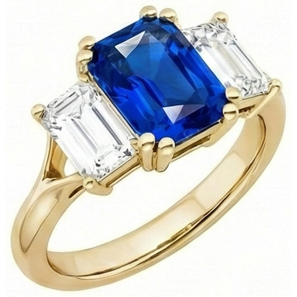3 Stone Emerald Natural Earth Mined Diamond Sapphire Ring Split Shank Yellow Gold 2 Carats