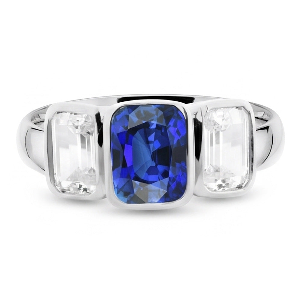 3 Stone Emerald Natural Earth Mined Diamond & Ceylon Sapphire Ring Bezel Set Gold 3 Carats