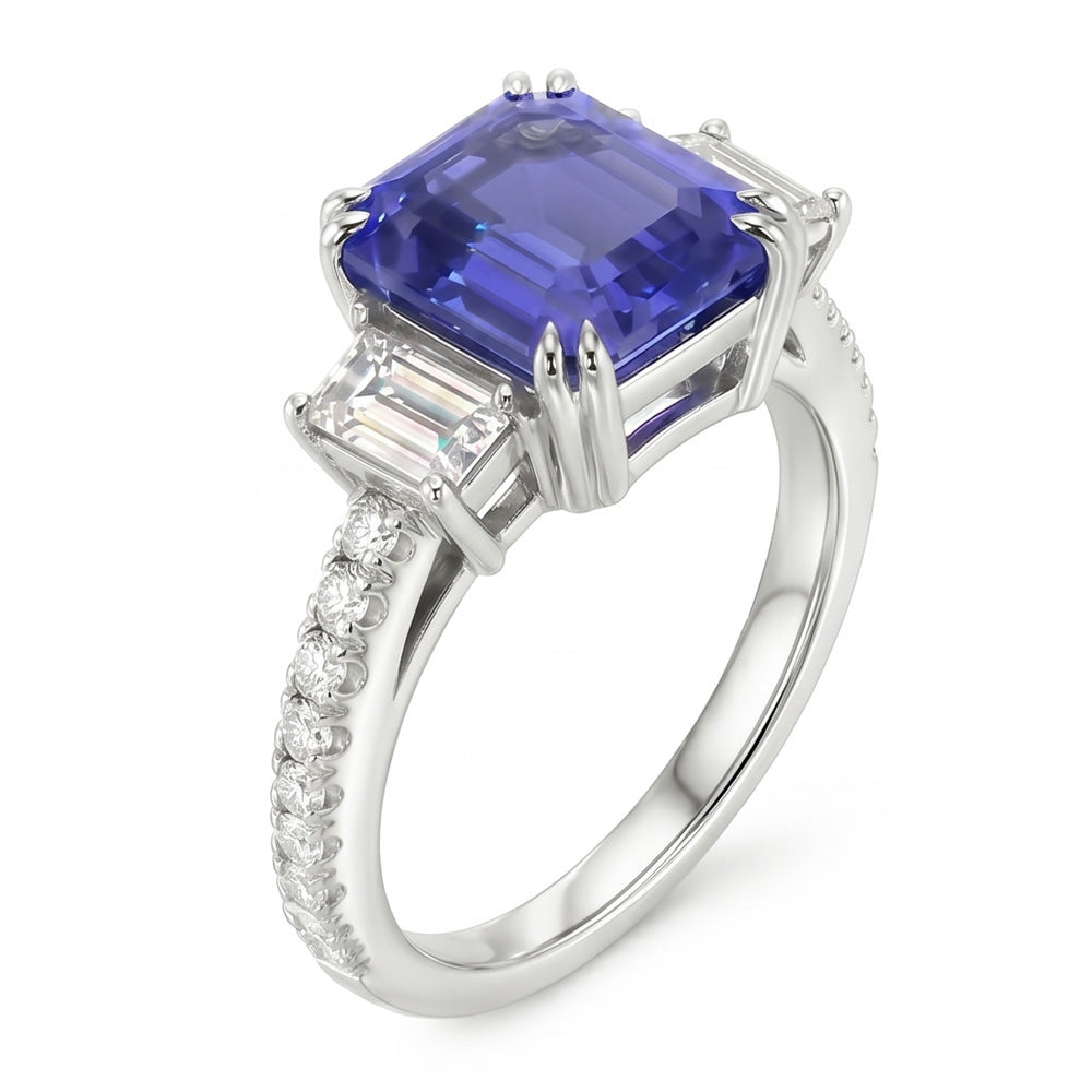 3 Stone Emerald Srilanka Sapphire Ring & Pave Set Natural Earth Mined Diamonds 3.50 Carats